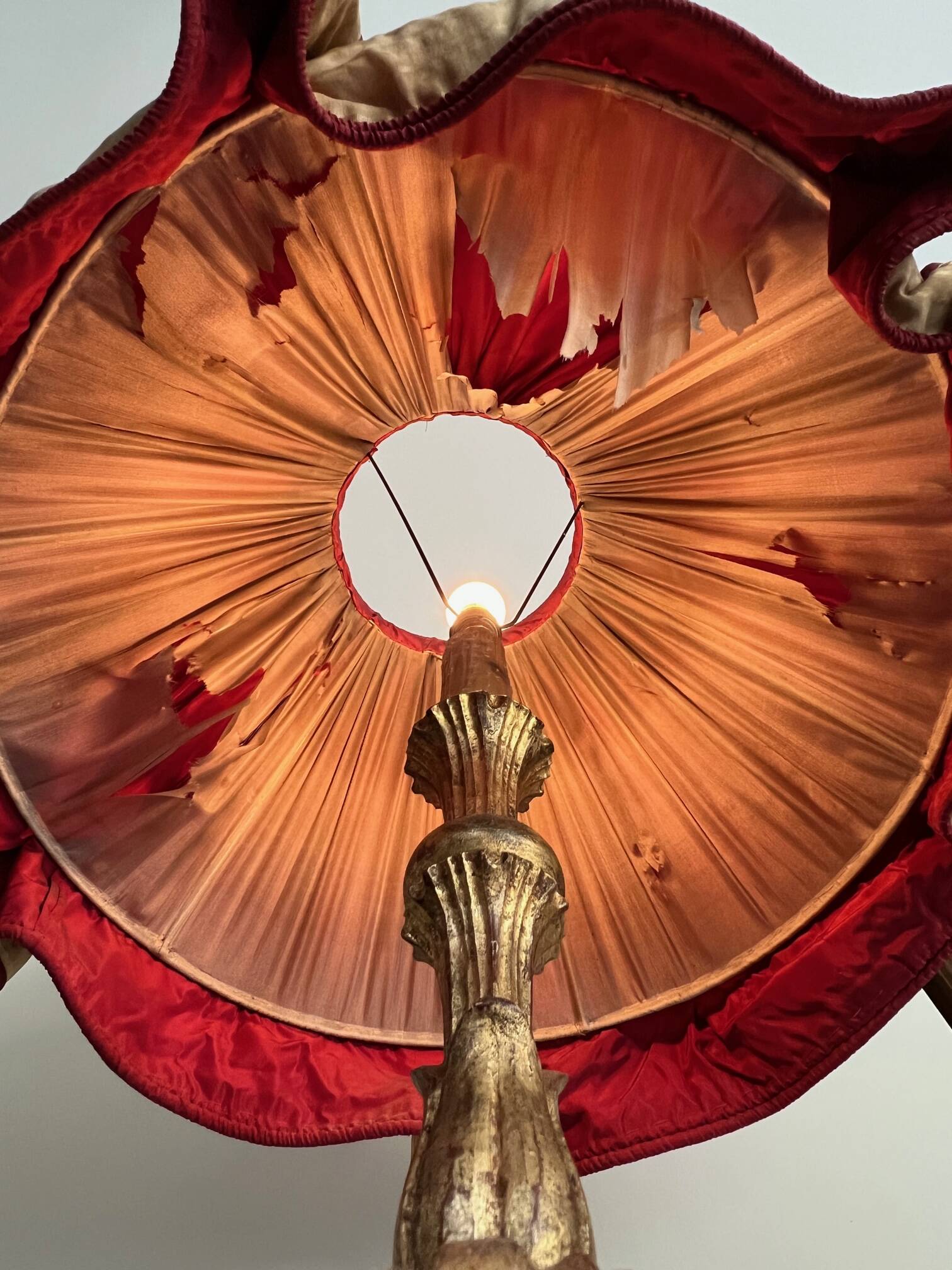 Late 19th century Art Nouveau wooden and gilded stucco floor lamp with fabric lampshade