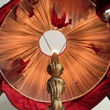 Late 19th century Art Nouveau wooden and gilded stucco floor lamp with fabric lampshade