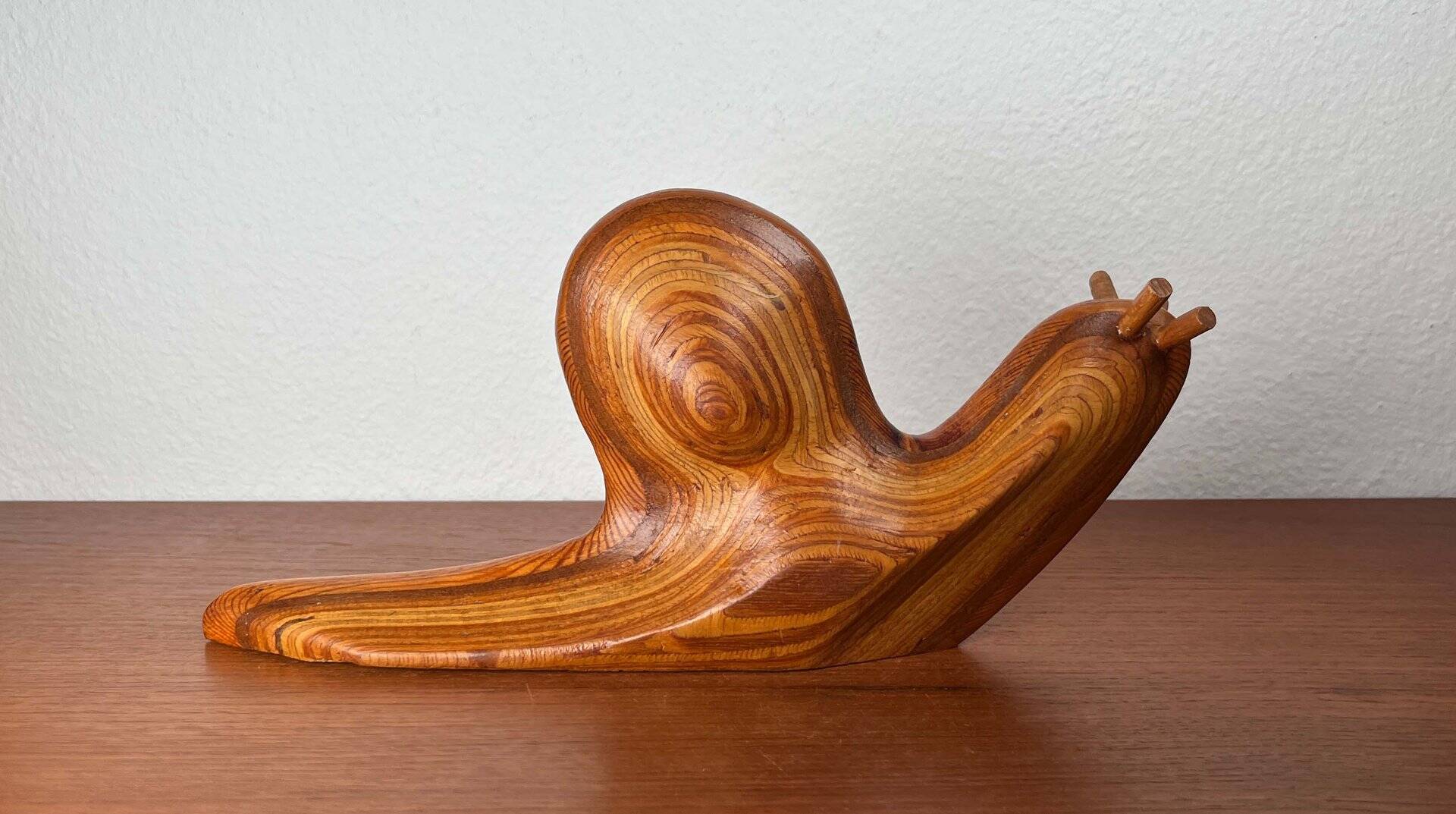 Large Danish carved wooden snail sculpture from the mid-century, 1960s.