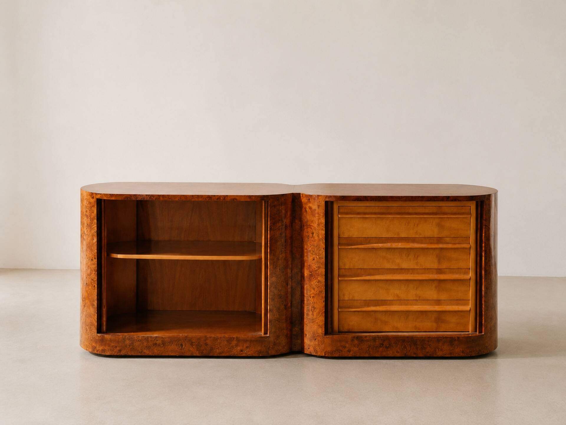 Vintage sideboard with tambour doors in wood burl