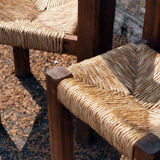 Brutalist chairs in pine and straw, France, 1950s, set of 4