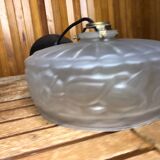 Ancienne Suspension Verre Moulé Transparent + Support Laiton Vintage