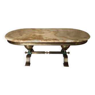 Table basse française vintage – plateau en onyx – base en laiton plaqué – influence Hollywood Regency / néoclassique – 60×120×43 cm