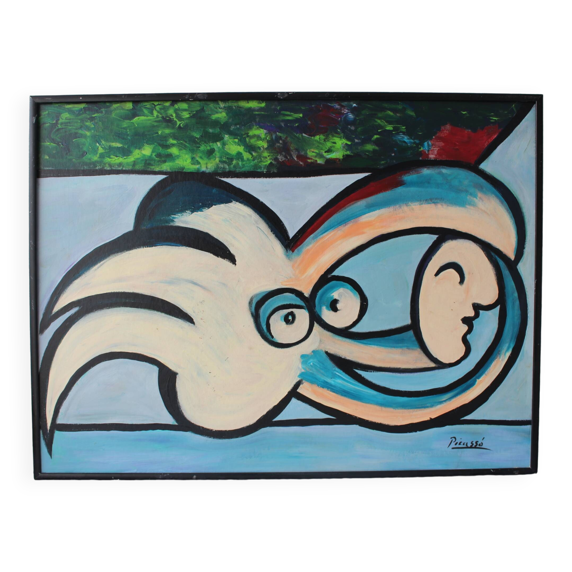 1970s Blue Green Cubist Figurative Painting, Framed