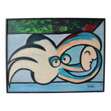 Peinture figurative cubiste bleu-vert des années 1970, encadrée