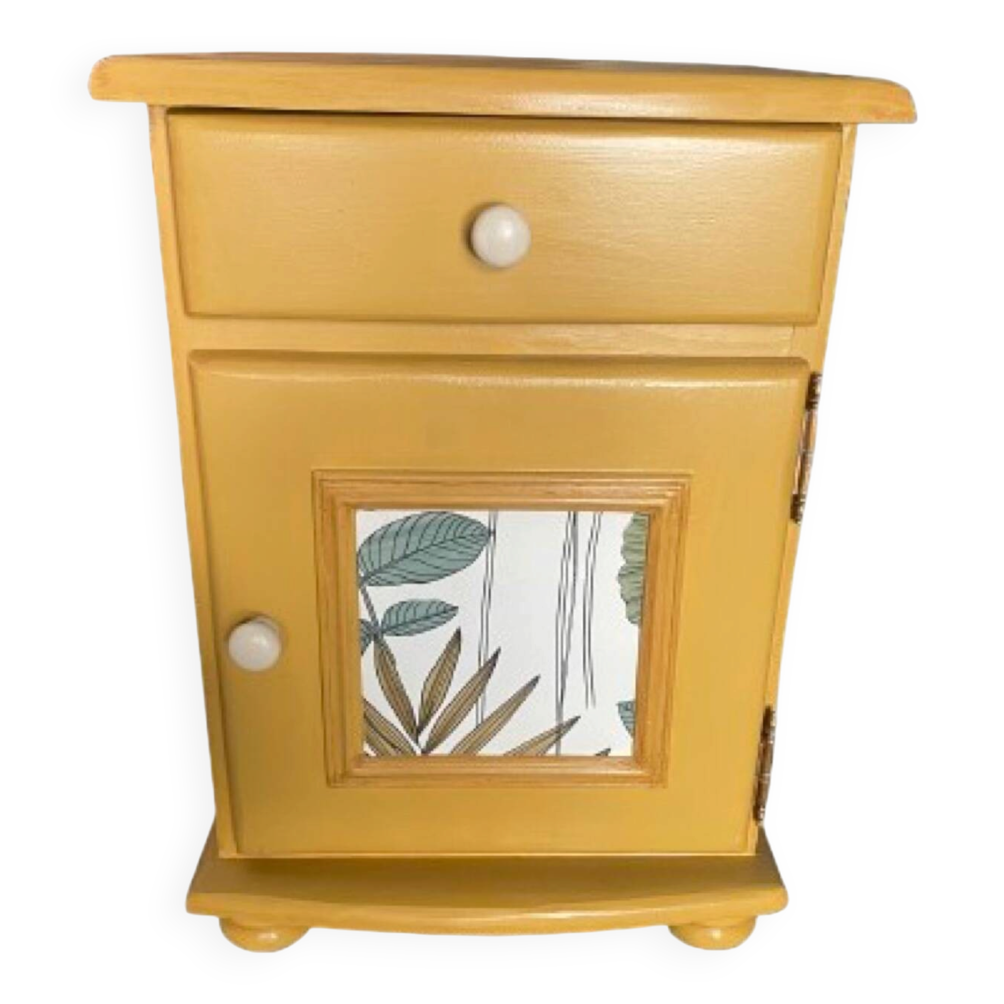 Vintage bedside table revamped - ochre yellow and botanical pattern