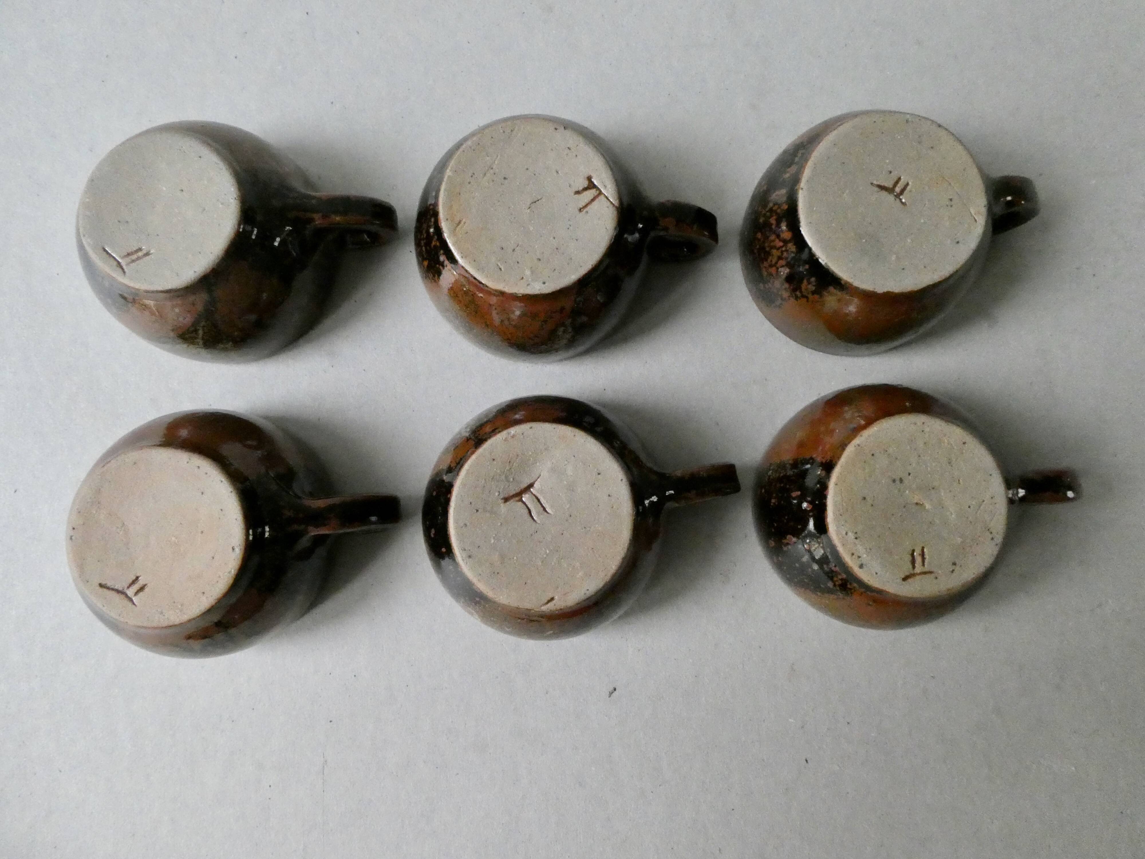 6 cups enamelled sandstone, Pierre Bernier and Isabelle Roger, 80s