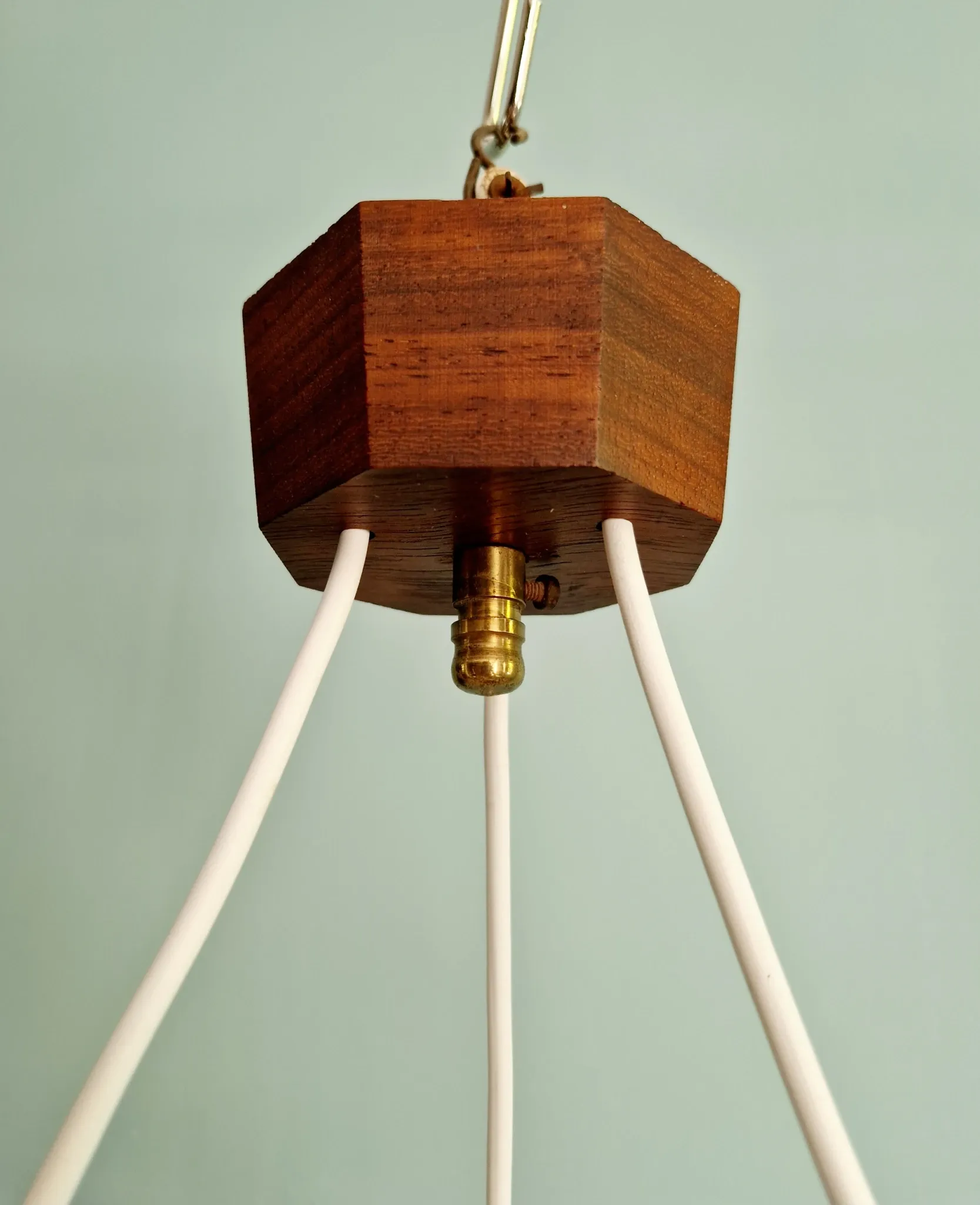 Scandinavian teak and satin white glass chandelier, 1960
