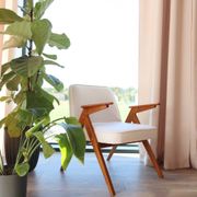 Vintage white armchairs natural wood buckle Scandinavian furniture
