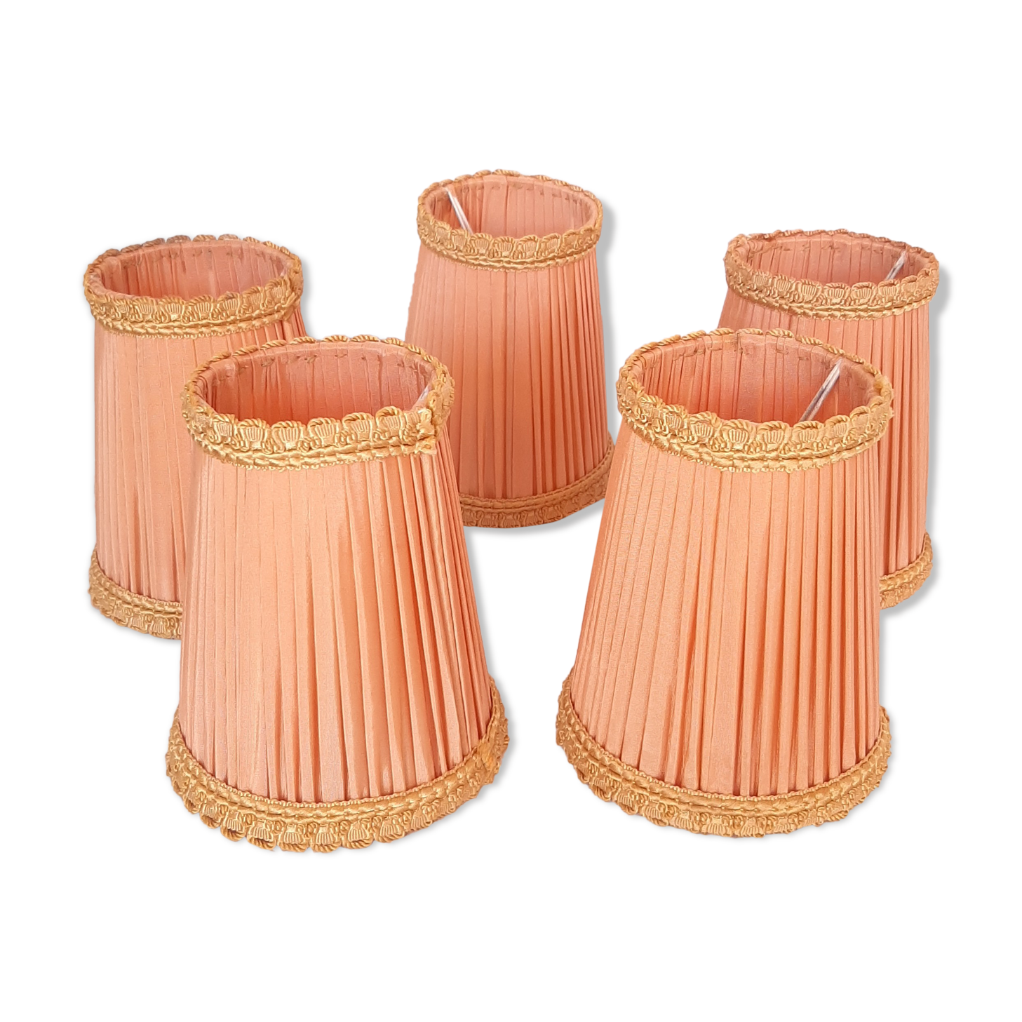 5 lampshades with clips for chandelier, 60s, pleated taffetas peach and golden trimmings