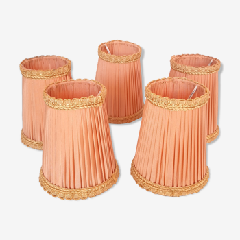 5 lampshades with clips for chandelier, 60s, pleated taffetas peach and golden trimmings