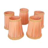 5 lampshades with clips for chandelier, 60s, pleated taffetas peach and golden trimmings