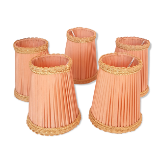 5 lampshades with clips for chandelier, 60s, pleated taffetas peach and golden trimmings