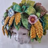 Vintage Italian ceramic wall mask, handmade, decorated with floral details