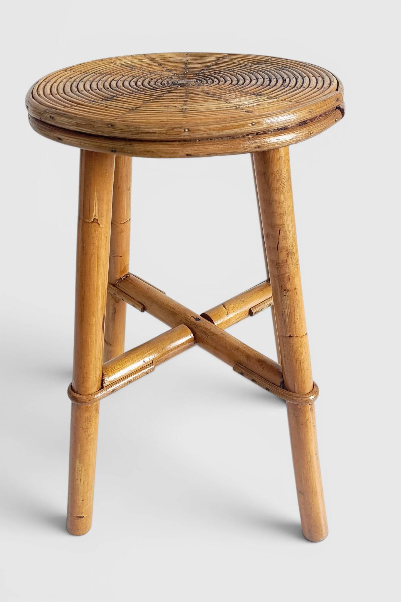 Vintage Rattan and Bamboo Accent Side Table / Stool, Spain, 1970s