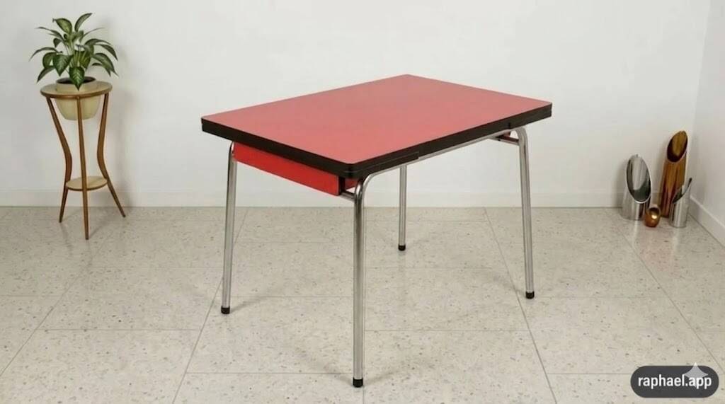 Extendable table + drawer in red Formica – Vintage