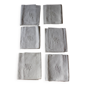 Lot 6 serviettes de table damassé blanc Monogrammes M D