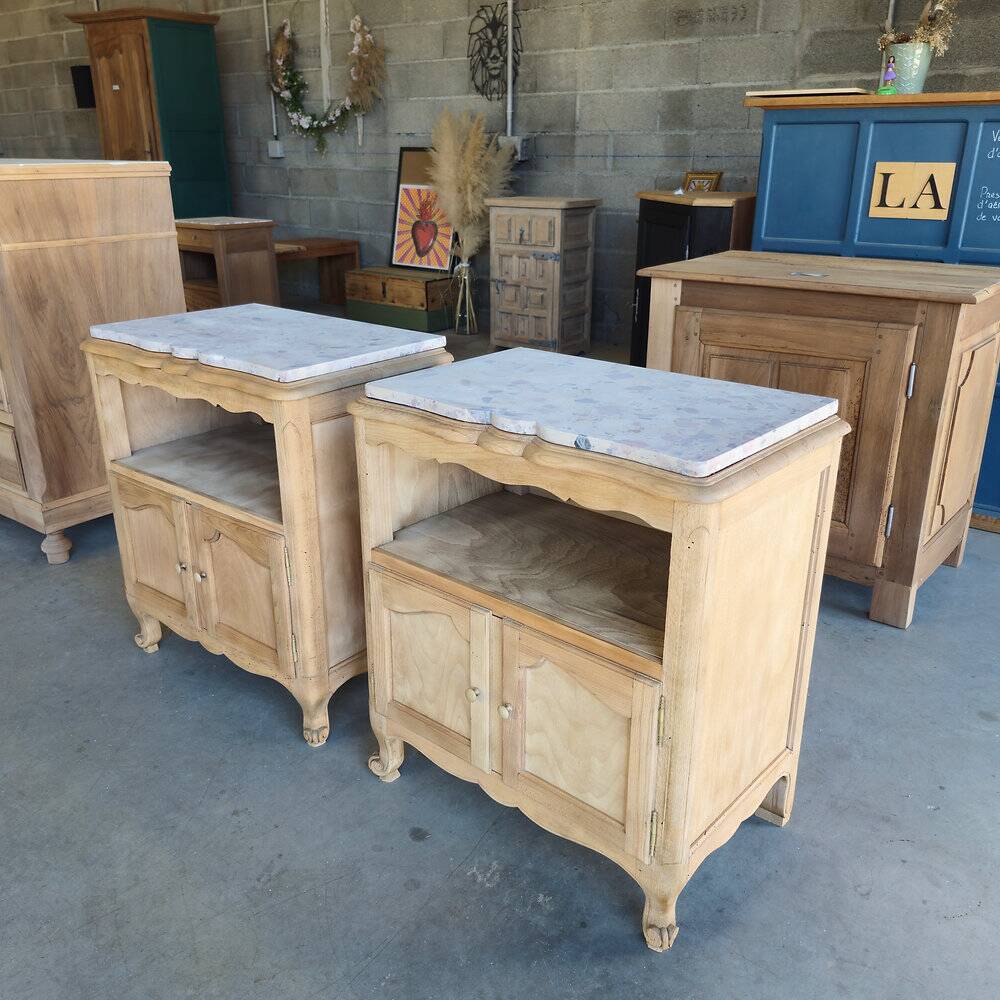 2 antique bedside tables made of solid wood and marble – sandblasted