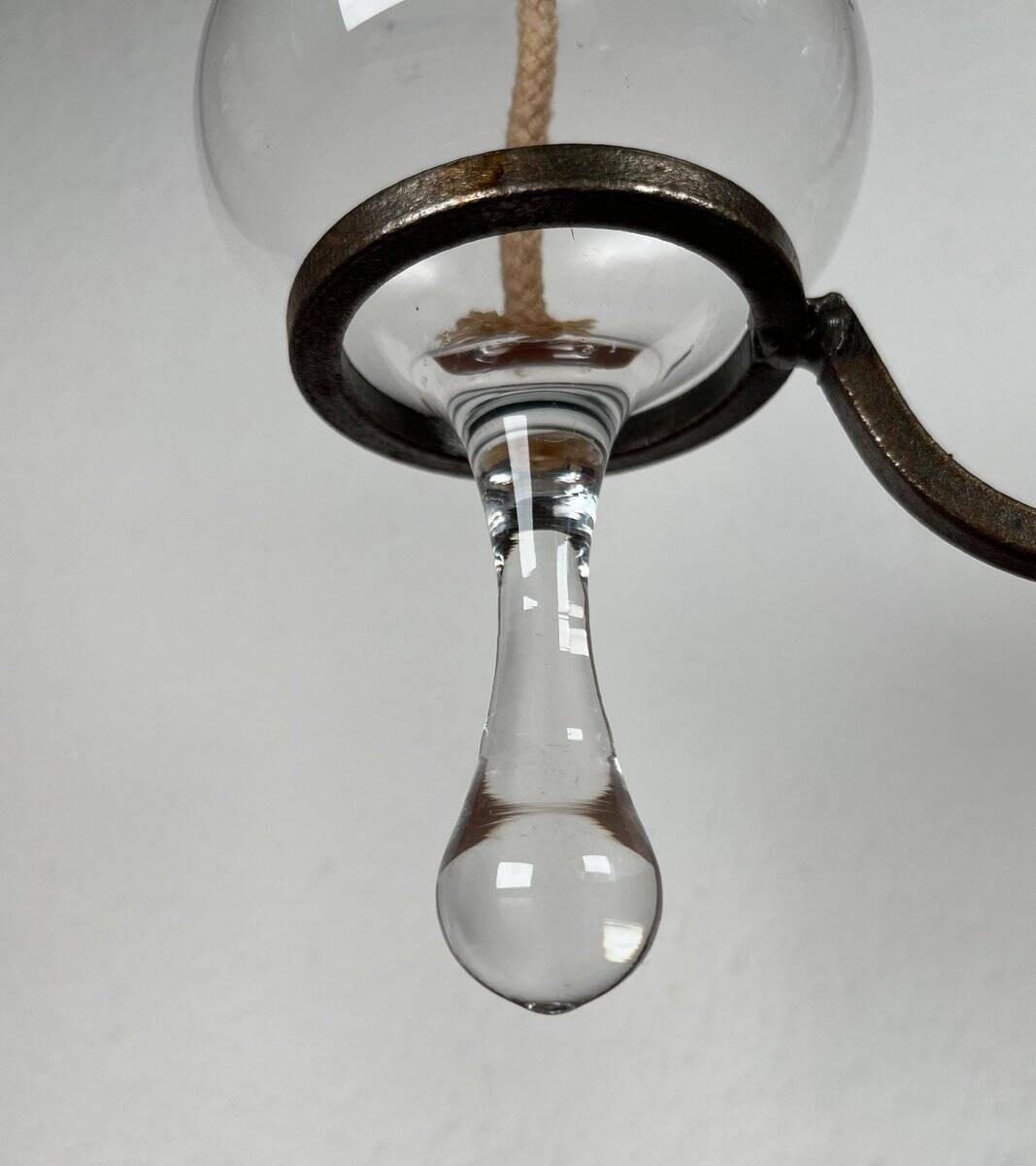 Mid-century Danish wrought iron and glass table oil lamp, 1960s.
