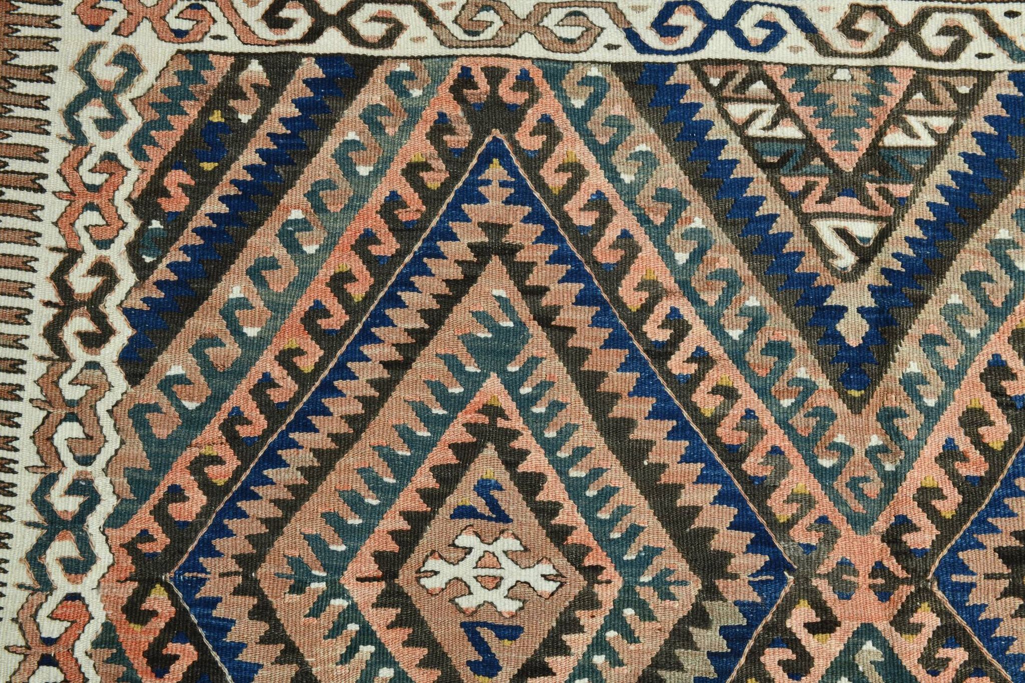 5x9 Kilim Anatolian Carpet, Handwoven Wool Rug, Blue Details Rug, 154x275Cm