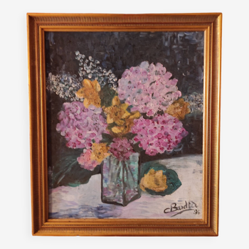 Vintage French oil painting of hydrangeas signed C. Bardier, 1996