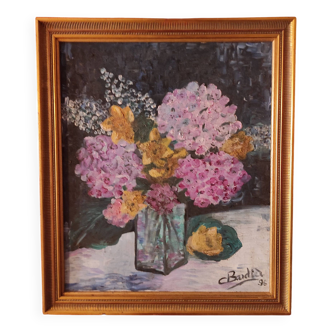 Peinture à l'huile française vintage d'hortensias signée C. Bardier, 1996