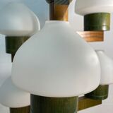 Midcentury Scandinavian wood and opaline glass hanging pendant