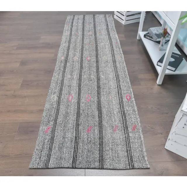1970s Grey Natural Turkish Hand-Knotted Runner Rug 79x270