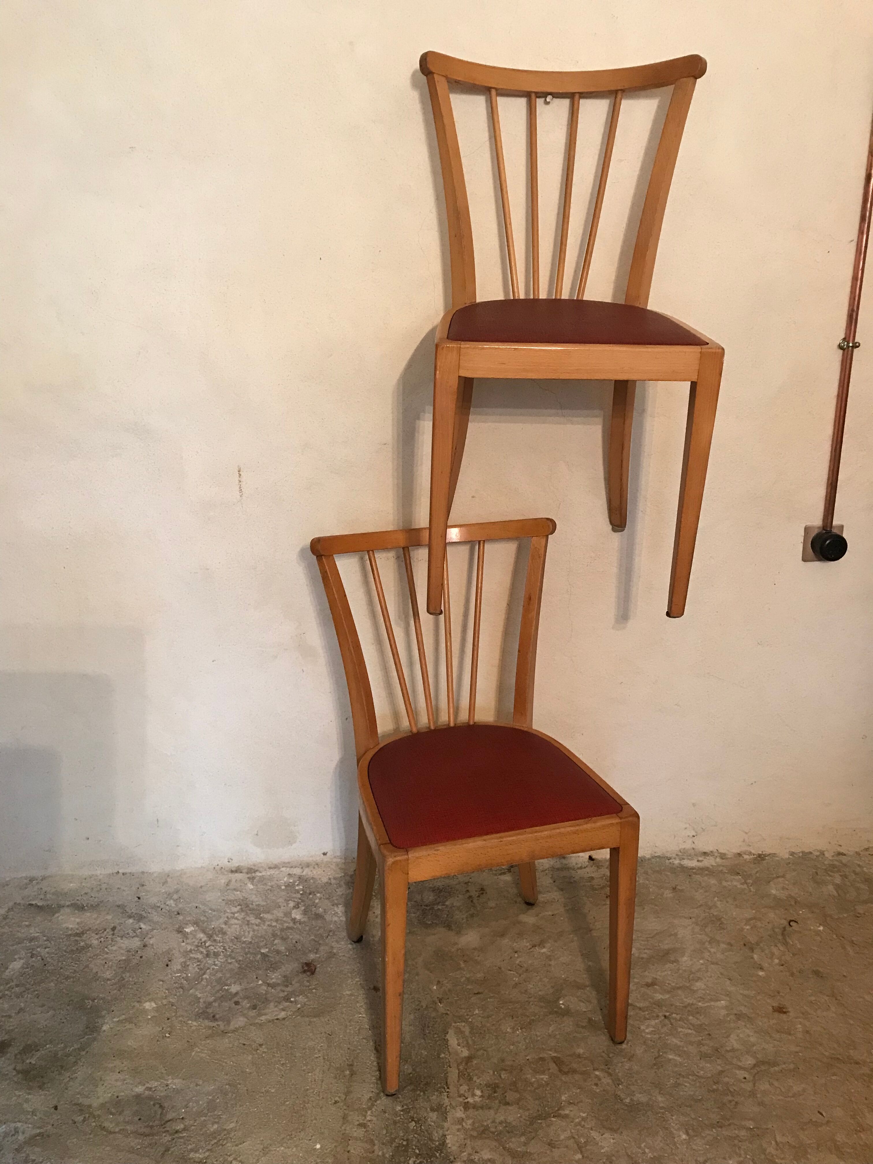 Pair of vintage bistro chairs 1960's blond wood and skaï
