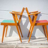 Pair of wooden and skai chairs from the 50s, vintage chairs, chair with armrests, retro