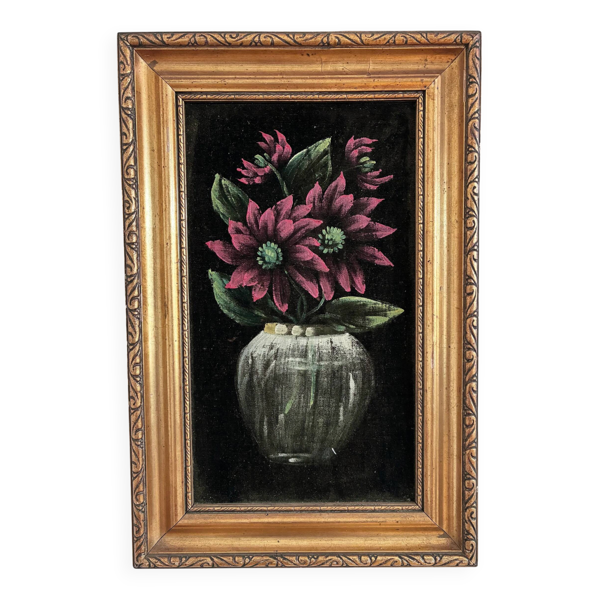 Vintage original velvet flower oil painting, red flower still life art