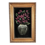 Vintage original velvet flower oil painting, red flower still life art