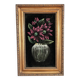 Peinture à l'huile vintage sur velours, nature morte avec des fleurs rouges