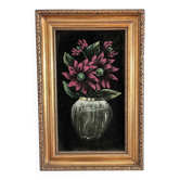 Peinture à l'huile vintage sur velours, nature morte avec des fleurs rouges