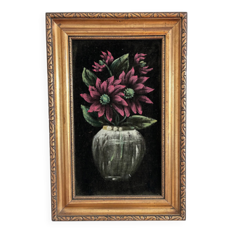 Vintage original velvet flower oil painting, red flower still life art