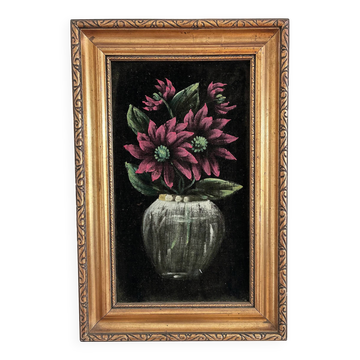 Peinture à l'huile vintage sur velours, nature morte avec des fleurs rouges