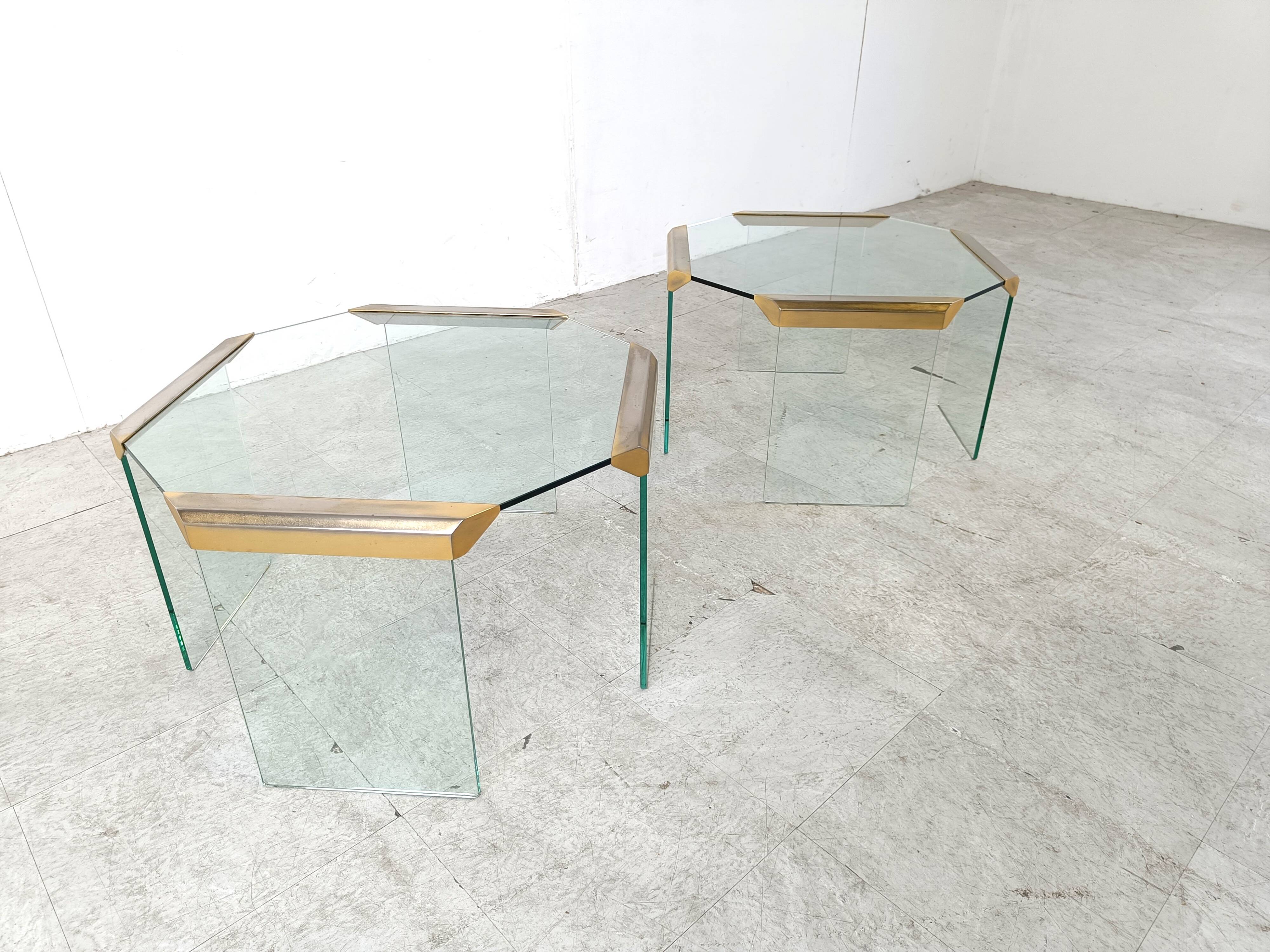 Pair of vintage brass and glass side tables,  1970s