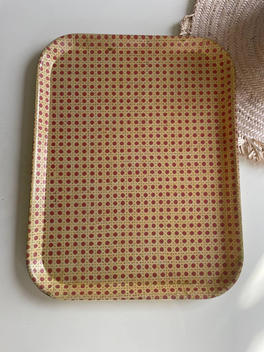 70s tray in fiberglass imitation rattan