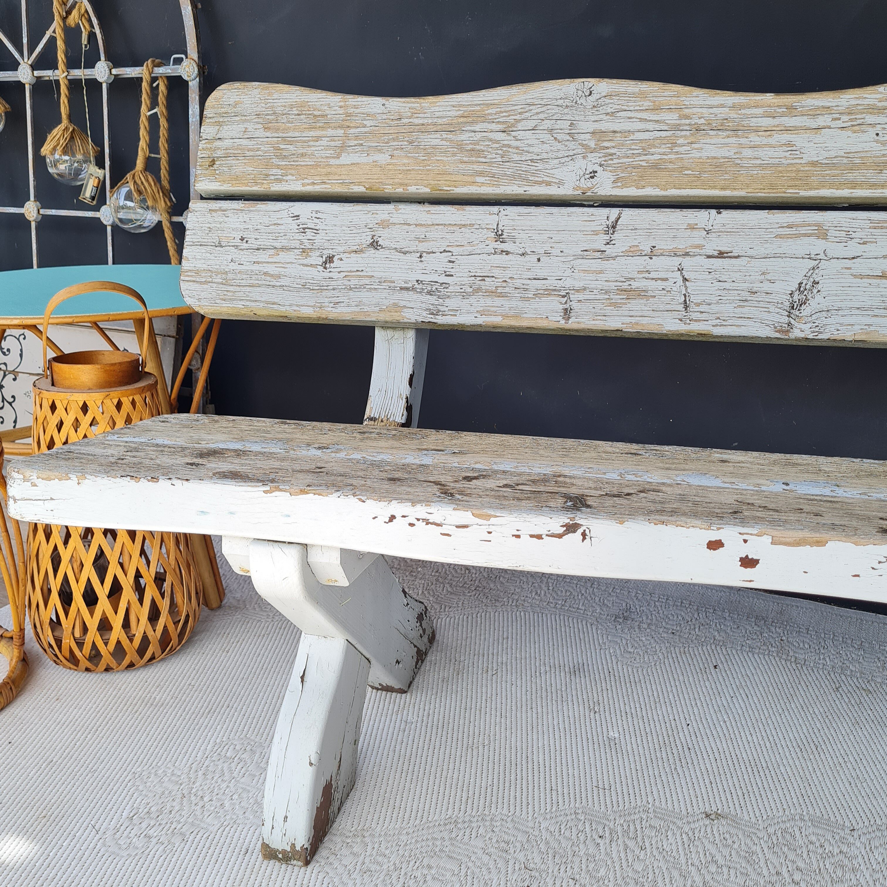 Exterior bench in patinated white solid wood