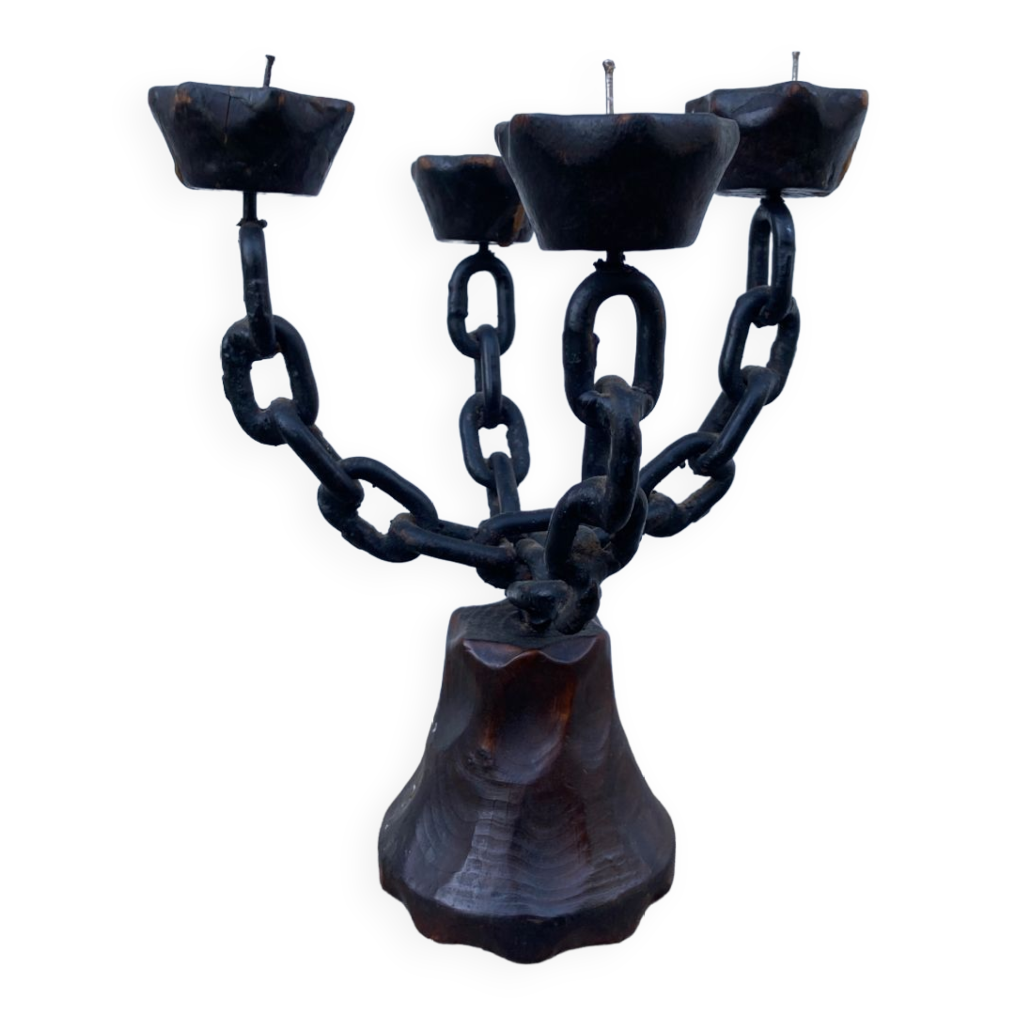Brutalist iron and wood chain candle holder from the 1970s
