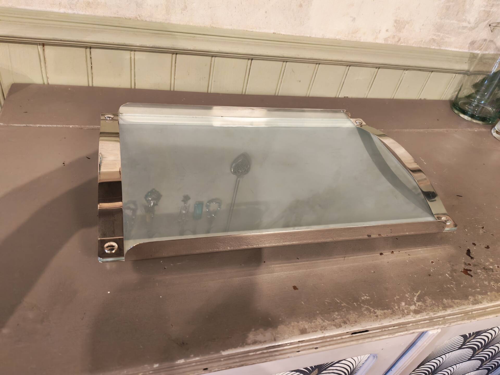 Chrome metal and glass vintage tray