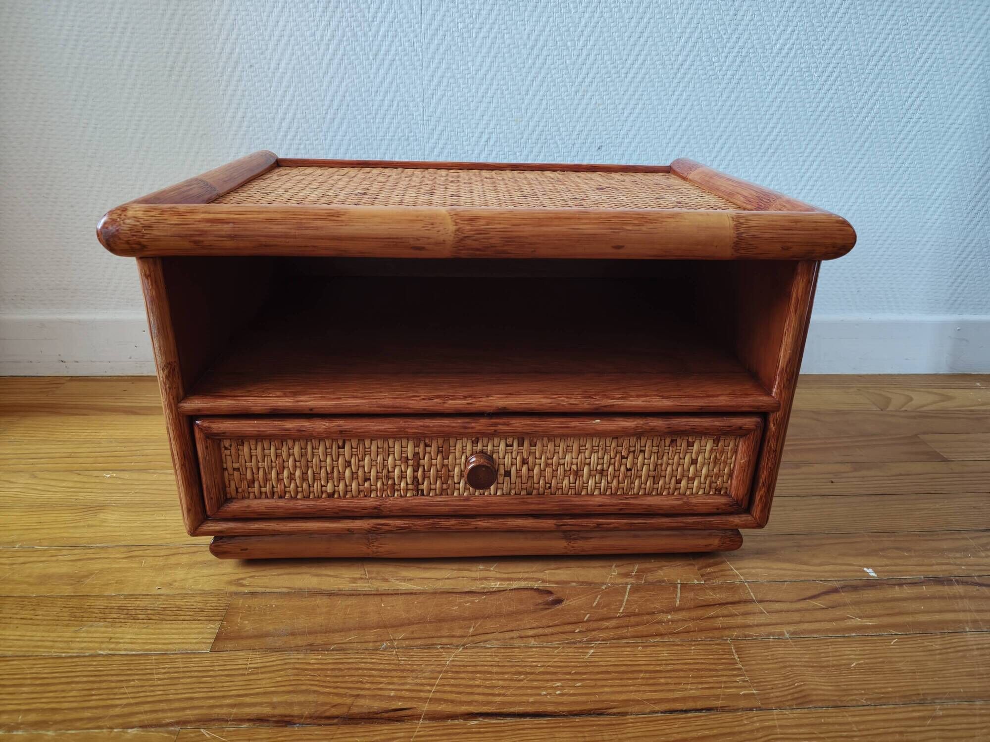 Rattan bedside table from the 1970s-80s.