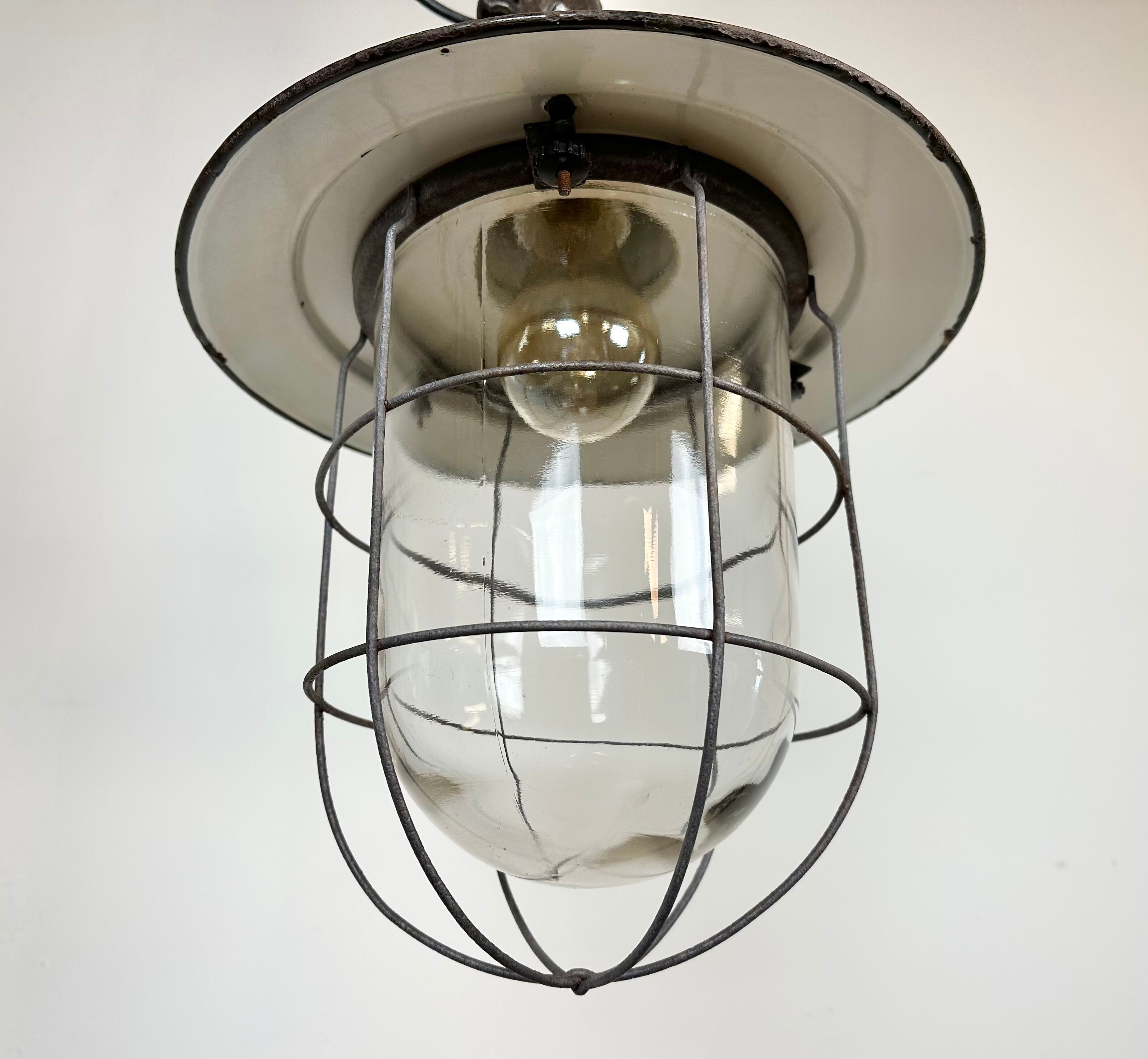 Green Enamel and Cast Iron Industrial Cage Pendant Light, 1960s