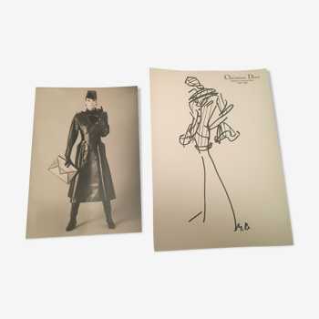 Christian dior: fashion illustration "autumn collection - winter 1987 -88" and original vintage press photography