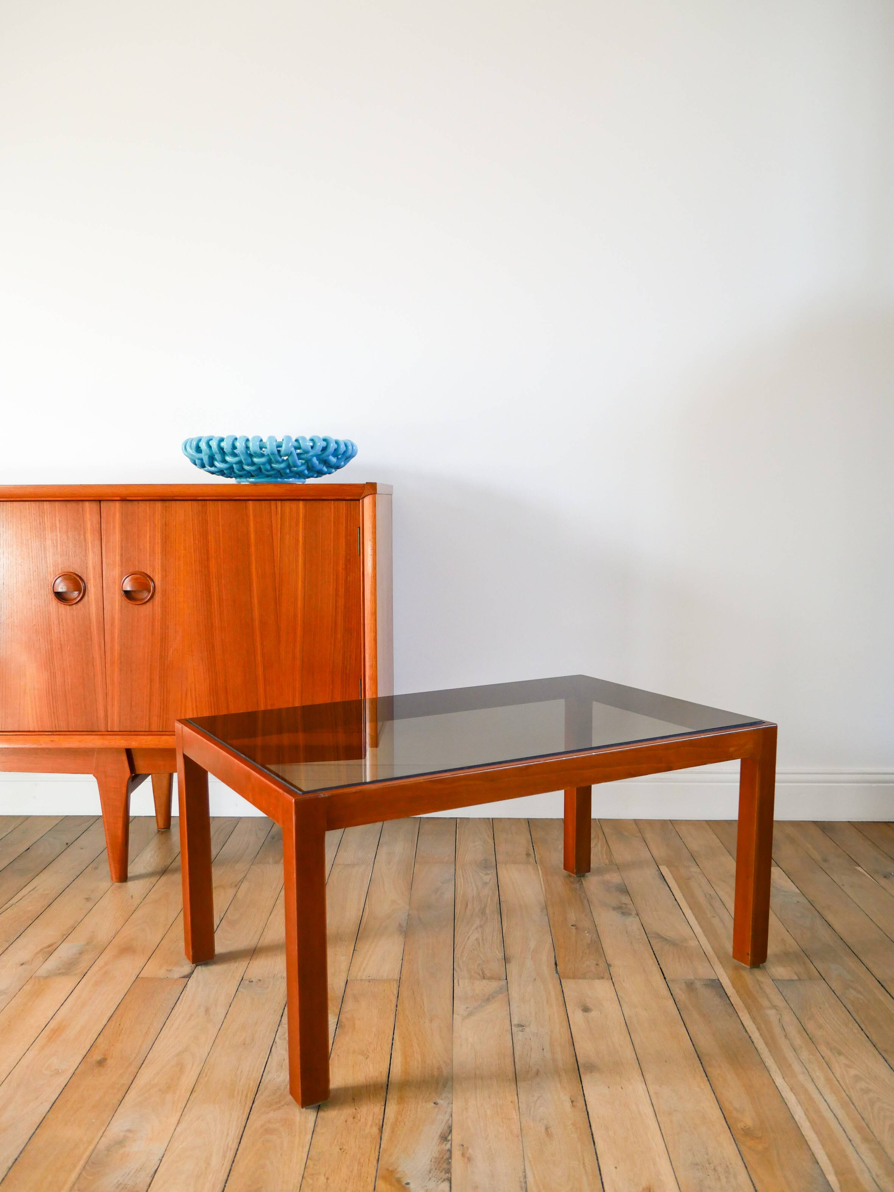 Wood and smoked glass coffee table, Design, 1970