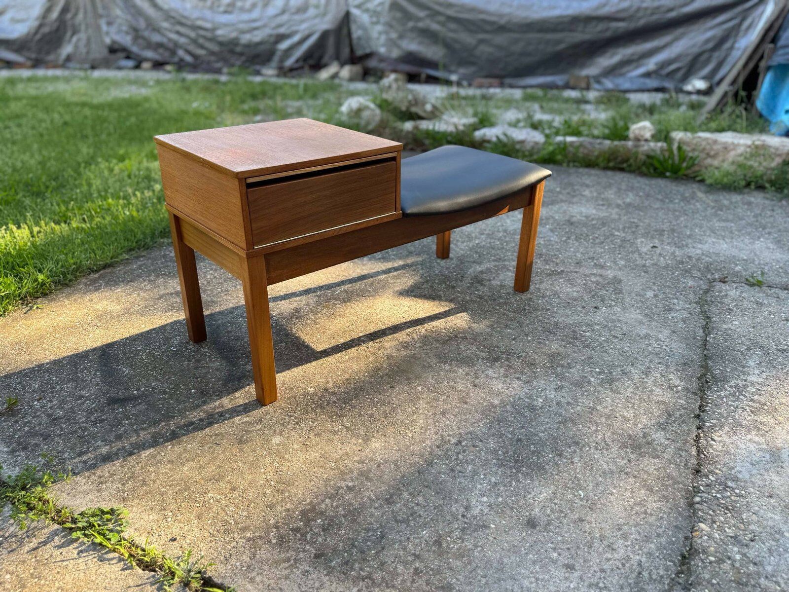Vintage teak telephone bench with vinyl seat, 1960s