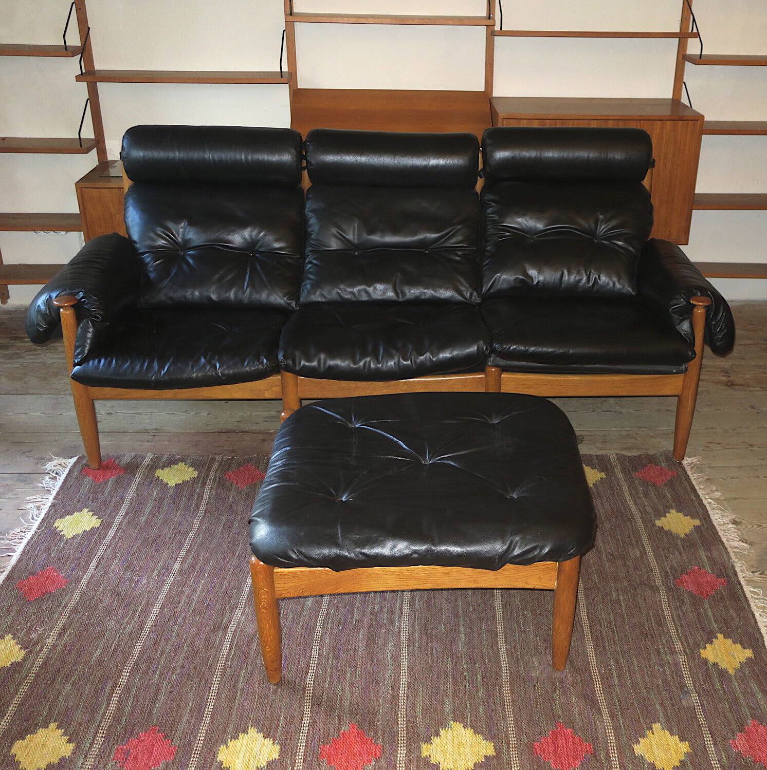 Eric Merthen leather sofa with matching ottoman, Sweden 1960s