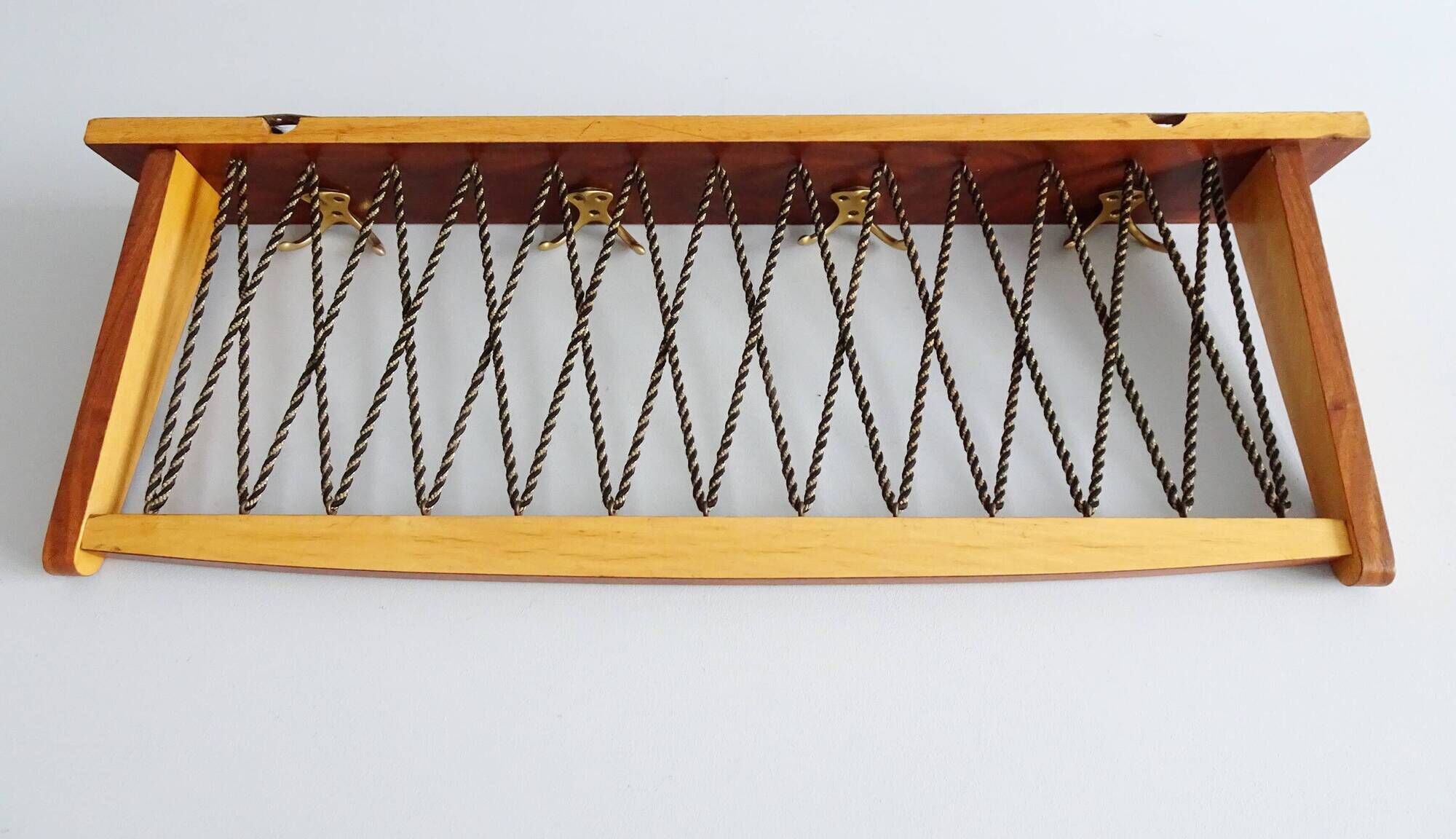 Wall coat rack with hat shelf made of wood and cords, Mid Century coat rack
