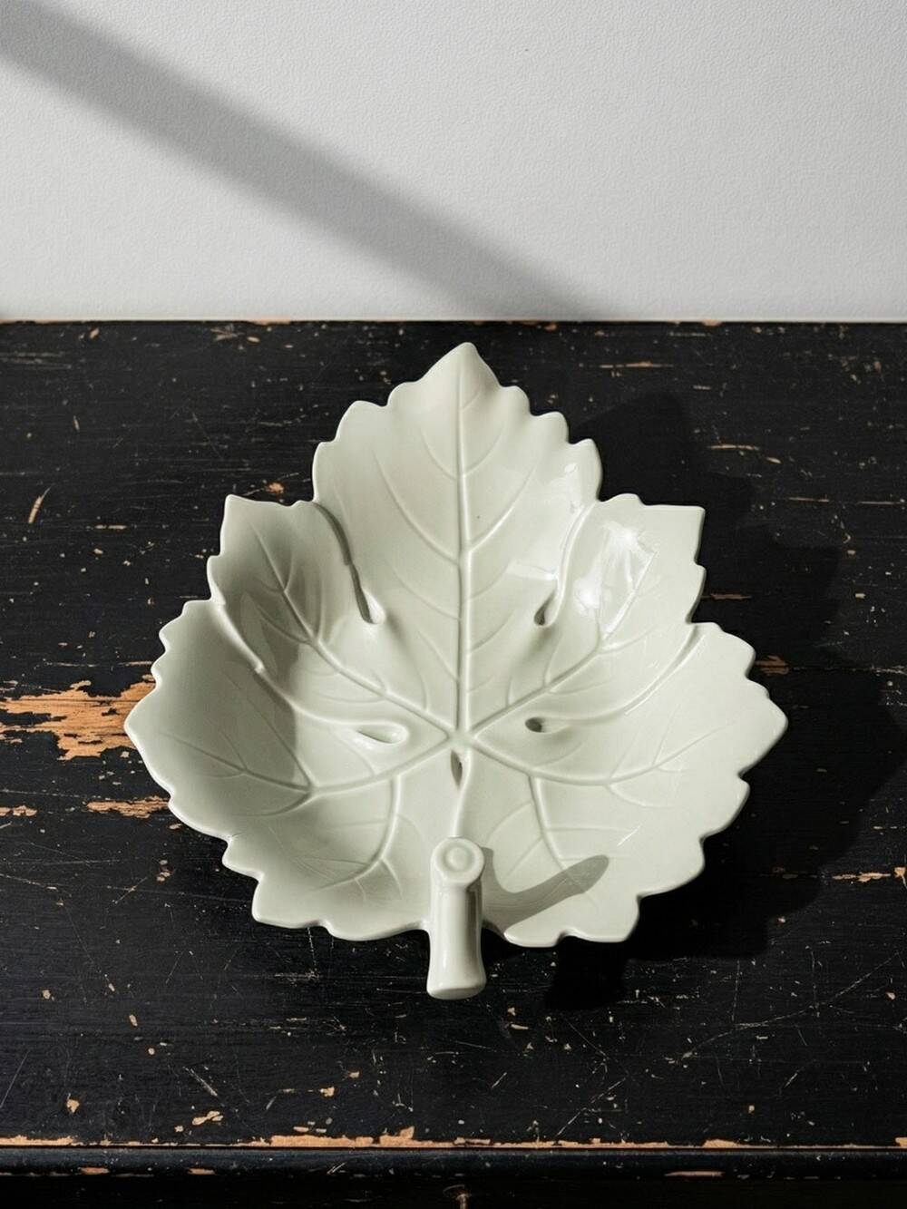 Celadon porcelain vine leaf dish by L. Michelaud, Limoges, 1930-50.