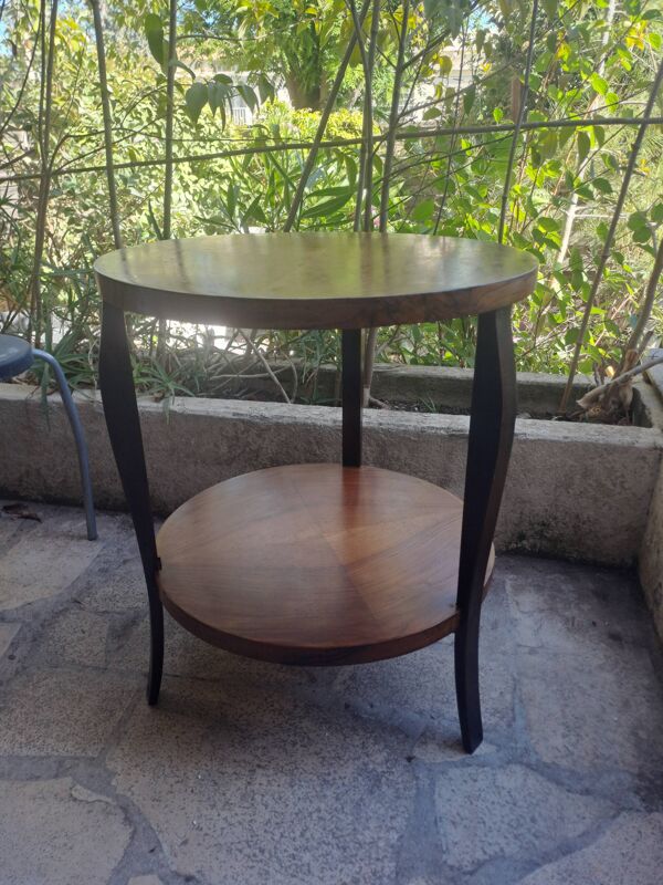 Table basse ronde en bois massif 1970 à double plateau